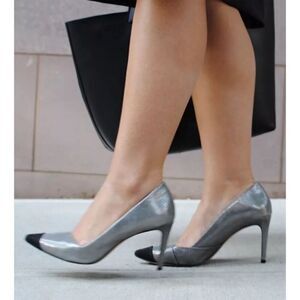Tory Burch Shaila Heel Women's Pumps Gray Silver Black Cap Toe Size 9.5